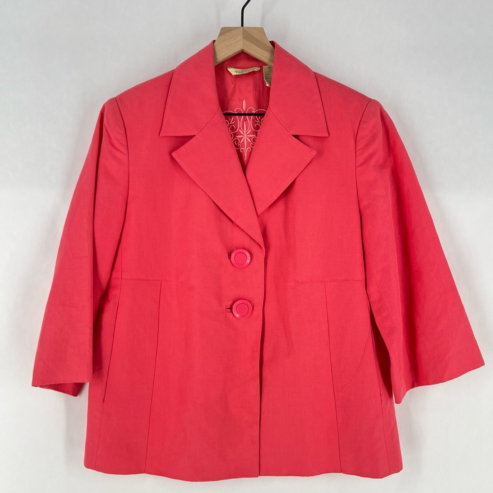 Trevan Coral Linen Silk‎ 2 Button  Blazer 3/4 Flare Sleeves Pockets Lightweight